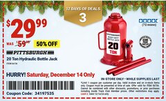 Harbor Freight Coupon PITTSBURGH 20 TON HYDRAULIC BOTTLE JACK Lot No. 56736 Expired: 12/14/24 - $29.99