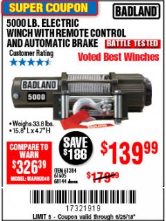 Harbor Freight Coupon 5000 LB. ELECTRIC WINCH WITH REMOTE CONTROL AND AUTOMATIC BRAKE Lot No. 61384/61605/68144 Expired: 6/25/18 - $139.99