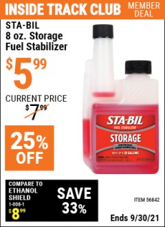 Harbor Freight ITC Coupon STA-BIL * OZ. STORAGE FUEL STABILIZER Lot No. 56842 Expired: 9/30/21 - $5.99