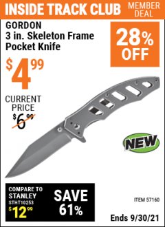 Harbor Freight ITC Coupon GORDON 3 IN. SKELETON FRAME POCKET KNIFE Lot No. 57160 Expired: 9/30/21 - $4.99