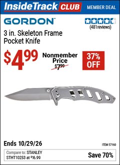 Harbor Freight ITC Coupon GORDON 3 IN. SKELETON FRAME POCKET KNIFE Lot No. 57160 Valid Thru: 10/29/26 - $4.99
