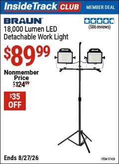 Harbor Freight ITC Coupon BRAUN 18,000 LUMEN LED DETACHABLE WORK LIGHT Lot No. 57428 Valid Thru: 8/27/26 - $89.99