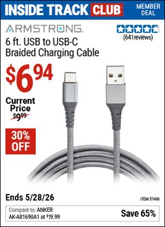 Harbor Freight ITC Coupon ARMSTRONG 6 FT. USB TO USB-C BRAIDED CHARGING CABLE Lot No. 57490 Valid Thru: 5/28/26 - $6.94