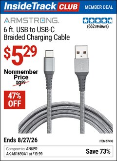 Harbor Freight ITC Coupon ARMSTRONG 6 FT. USB TO USB-C BRAIDED CHARGING CABLE Lot No. 57490 Valid Thru: 8/27/26 - $5.29