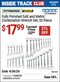 Harbor Freight Coupon PITTSBURGH FULLY POLISHED SAE AND METRIC COMBINATION WRENCH SET, 32-PIECE Lot No. 68854 Valid: 12/31/69 - 4/30/26 - $17.99
