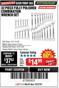 Harbor Freight Coupon 32 PIECE FULLY POLISHED SAE & METRIC COMBINATION WRENCH SET Lot No. 68854/61261 Expired: 12/3/18 - $14.99
