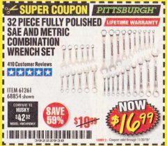 Harbor Freight Coupon 32 PIECE FULLY POLISHED SAE & METRIC COMBINATION WRENCH SET Lot No. 68854/61261 Expired: 11/30/19 - $16.99