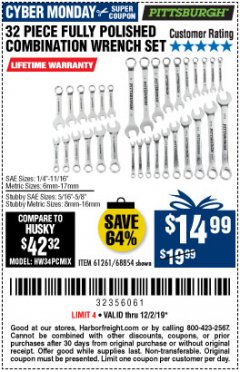 Harbor Freight Coupon 32 PIECE FULLY POLISHED SAE & METRIC COMBINATION WRENCH SET Lot No. 68854/61261 Expired: 12/2/19 - $14.99