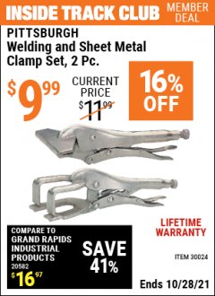 Harbor Freight ITC Coupon WELDING AND SHEET METAL CLAMP SET, 2 PC. Lot No. 30024 Expired: 10/28/21 - $9.99