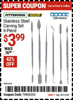 Harbor Freight Coupon PITTSBURGH STAINLESS STEEL CARVING SET, 6-PIECE Lot No. 34152 EXPIRES: 10/11/26 - $3.99