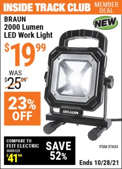 Harbor Freight ITC Coupon BRAUN 2000 LUMEN LED WORK LIGHT Lot No. 57633 Expired: 10/28/21 - $19.99