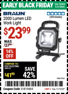 Harbor Freight Coupon BRAUN 2000 LUMEN LED WORK LIGHT Lot No. 57633 Expired: 11/13/22 - $23.99