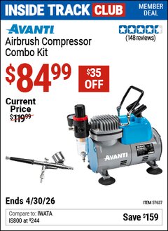 Harbor Freight Coupon AVANTI AIRBRUSH COMPRESSOR COMBO KIT Lot No. 57637 Valid: 12/31/69 - 4/30/26 - $84.99
