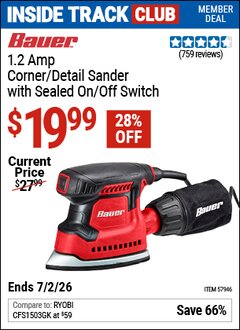 Harbor Freight Coupon BAUER 1.2 AMP CORNER/DETAIL SANDER WITH SEALED ON/OFF SWITCH Lot No. 57946 Valid: 12/31/69 - 7/2/26 - $19.99