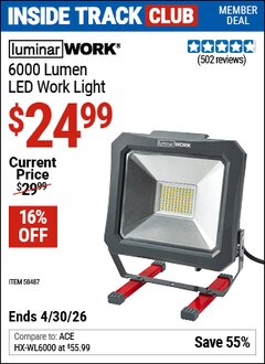 Harbor Freight ITC Coupon LUMINAR WORK 6000 LUMEN LED WORK LIGHT Lot No. 58487 Valid Thru: 4/30/26 - $24.99