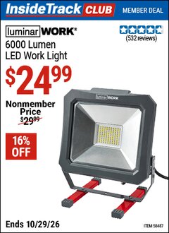 Harbor Freight ITC Coupon LUMINAR WORK 6000 LUMEN LED WORK LIGHT Lot No. 58487 Valid Thru: 10/29/26 - $24.99