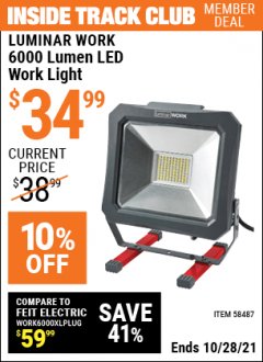 Harbor Freight ITC Coupon LUNINAR WORK 6000 LUMEN LED WORK LIGHT Lot No. 58487 Expired: 10/28/21 - $34.99