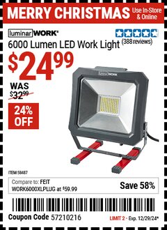 Harbor Freight Coupon LUMINAR WORK 6000 LUMEN LED WORK LIGHT Lot No. 58487 Expired: 12/29/24 - $24.99