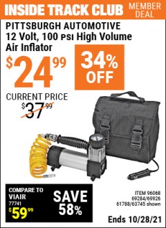 Harbor Freight ITC Coupon 12 VOLT, 100 PSI HIGH VOLUME AIR INFLATOR Lot No. 63745/96068/69284/69926/61788 Expired: 10/28/21 - $24.99