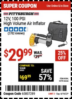 Harbor Freight Coupon 12 VOLT, 100 PSI HIGH VOLUME AIR INFLATOR Lot No. 63745/96068/69284/69926/61788 Expired: 6/19/22 - $29.99