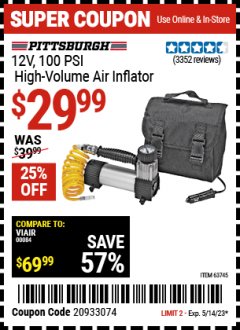 Harbor Freight Coupon 12 VOLT, 100 PSI HIGH VOLUME AIR INFLATOR Lot No. 63745/96068/69284/69926/61788 Expired: 5/14/23 - $29.99