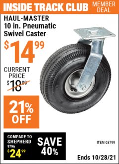 Harbor Freight ITC Coupon HAUL-MASTER 10 IN. PNEUMATIC SWIVEL CASTER Lot No. 63799 Expired: 10/28/21 - $14.99