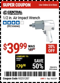 Harbor Freight Coupon CENTRAL PNEUMATIC 1/2 IN. AIR IMPACT WRENCH Lot No. 69576 Expired: 10/2/22 - $39.99