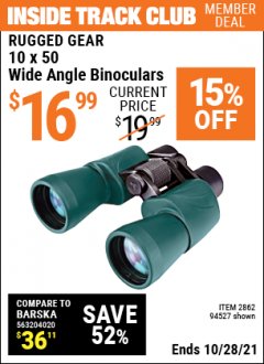 Harbor Freight ITC Coupon RUGGED GEAR 10 X 50 WIDE ANGLE BINOCULARS Lot No. 2862 Expired: 10/28/21 - $16.99