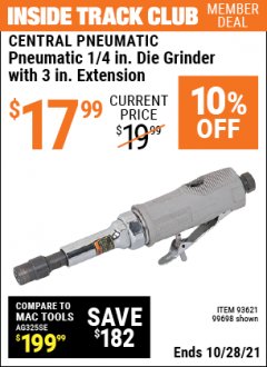 Harbor Freight ITC Coupon CENTRAL PNEUMATIC PNEUMATIC 1/4 IN. DIE GRINDER WITH 3 IN. EXTENSION Lot No. 93621 Expired: 10/28/21 - $17.99
