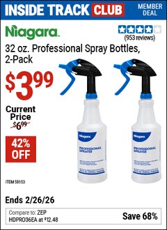 Harbor Freight Coupon NIAGARA 32 OZ. PROFESSIONAL SPRAY BOTTLES, 2-PACK Lot No. 58153 Valid: 12/31/69 - 2/26/26 - $3.99