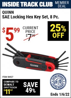 Harbor Freight ITC Coupon QUINN SAE LOCKING HEX KEY SET, 8 PC. Lot No. 56927 Expired: 1/6/22 - $5.99