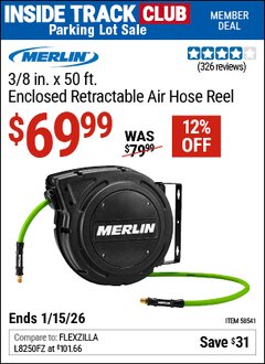 Harbor Freight ITC Coupon MERLIN 3/8 IN. X 50 FT. ENCLOSED RETRACTABLE AIR HOSE REEL Lot No. 58541 Expired: 1/15/26 - $69.99