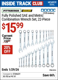 Harbor Freight ITC Coupon PITTSBURGH FULLY POLISHED SAE AND METRIC COMBINATION WRENCH SET, 22-PIECE Lot No. 69314 Valid Thru: 1/29/26 - $15.99