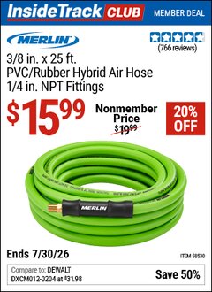 Harbor Freight ITC Coupon MERLIN 3/8 IN. X 25 FT. PVC/RUBBER HYBRID AIR HOSE, 1/4 IN. NPT FITTINGS Lot No. 58530 Valid Thru: 7/30/26 - $15.99