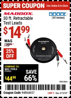 Harbor Freight Coupon MADDOX 30 FT. RETRACTABLE TEST LEADS Lot No. 58024 Expired: 4/13/23 - $14.99