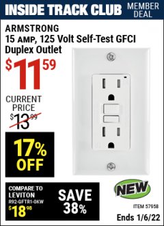 Harbor Freight ITC Coupon ARMSTRONG 15 AMP, 125 VOLT SELF-TEST GFCI DUPLEX OUTLET Lot No. 57958 Expired: 1/6/22 - $11.59
