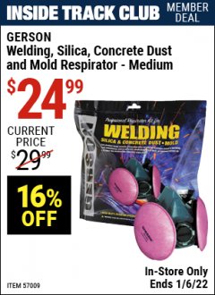 Harbor Freight ITC Coupon GERSON WELDING, SILICA, CONCRETE DUST, AND MOLD RESPIRATOR - MEDIUM Lot No. 57009 Expired: 1/6/22 - $24.99