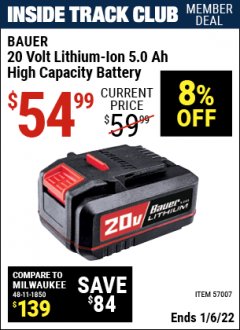 Harbor Freight ITC Coupon BAUER 20 VOLT LITHIUM-ION 5.0 AH HIGH CAPACITY BATTERY Lot No. 57007 Expired: 1/6/22 - $54.99