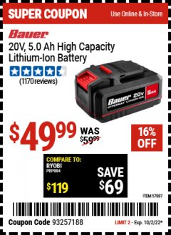 Harbor Freight Coupon BAUER 20 VOLT LITHIUM-ION 5.0 AH HIGH CAPACITY BATTERY Lot No. 57007 Valid Thru: 10/2/22 - $49.99