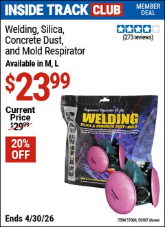 Harbor Freight ITC Coupon GERSON WELDING, SILICA, CONCRETE DUST & MOLD RESPIRATOR Lot No. 56987 Valid Thru: 4/30/26 - $23.99