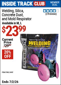 Harbor Freight Coupon GERSON WELDING, SILICA, CONCRETE DUST & MOLD RESPIRATOR Lot No. 56987 Valid: 12/31/69 - 7/2/26 - $23.99