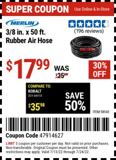 Harbor Freight Coupon MERLIN 3/8 IN. X 50 FT. RUBBER AIR HOSE Lot No. 58543 Expired: 7/24/22 - $17.99