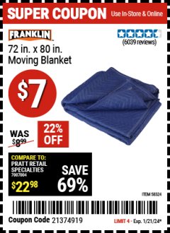 Harbor Freight Coupon FRANKLIN 72 IN. X 80 IN. MOVING BLANKET Lot No. 58324 Expired: 1/21/24 - $7