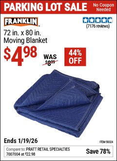 Harbor Freight Coupon FRANKLIN 72 IN. X 80 IN. MOVING BLANKET Lot No. 58324 Expired: 12/31/69 - $4.98