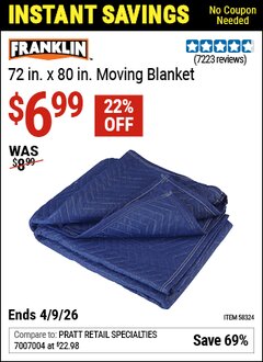 Harbor Freight Coupon FRANKLIN 72 IN. X 80 IN. MOVING BLANKET Lot No. 58324 Valid Thru: 4/9/26 - $6.99