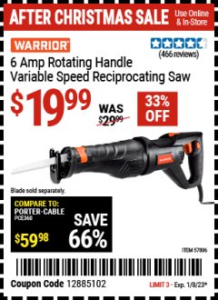 Harbor Freight Coupon WARRIOR 6 AMP ROTATING HANDLE VARIABLE SPEED RECIPROCATING SAW Lot No. 57806 Expired: 1/6/22 - $19.99
