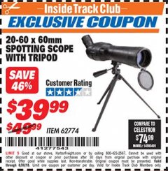 Harbor Freight ITC Coupon 20-60 x 60mm SPOTTING SCOPE WITH TRIPOD Lot No. 62774/94555 Expired: 6/30/18 - $39.99