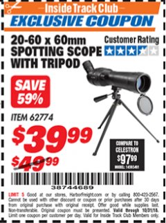 Harbor Freight ITC Coupon 20-60 X 60 MM SPOTTING SCOPE WITH TRIPOD Lot No. 62774 Expired: 10/31/18 - $39.99