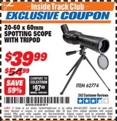Harbor Freight ITC Coupon 20-60 X 60 MM SPOTTING SCOPE WITH TRIPOD Lot No. 62774 Expired: 12/31/18 - $39.99