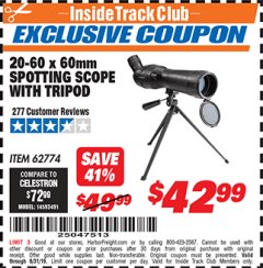 Harbor Freight ITC Coupon 20-60 X 60 MM SPOTTING SCOPE WITH TRIPOD Lot No. 62774 Expired: 8/31/19 - $42.99